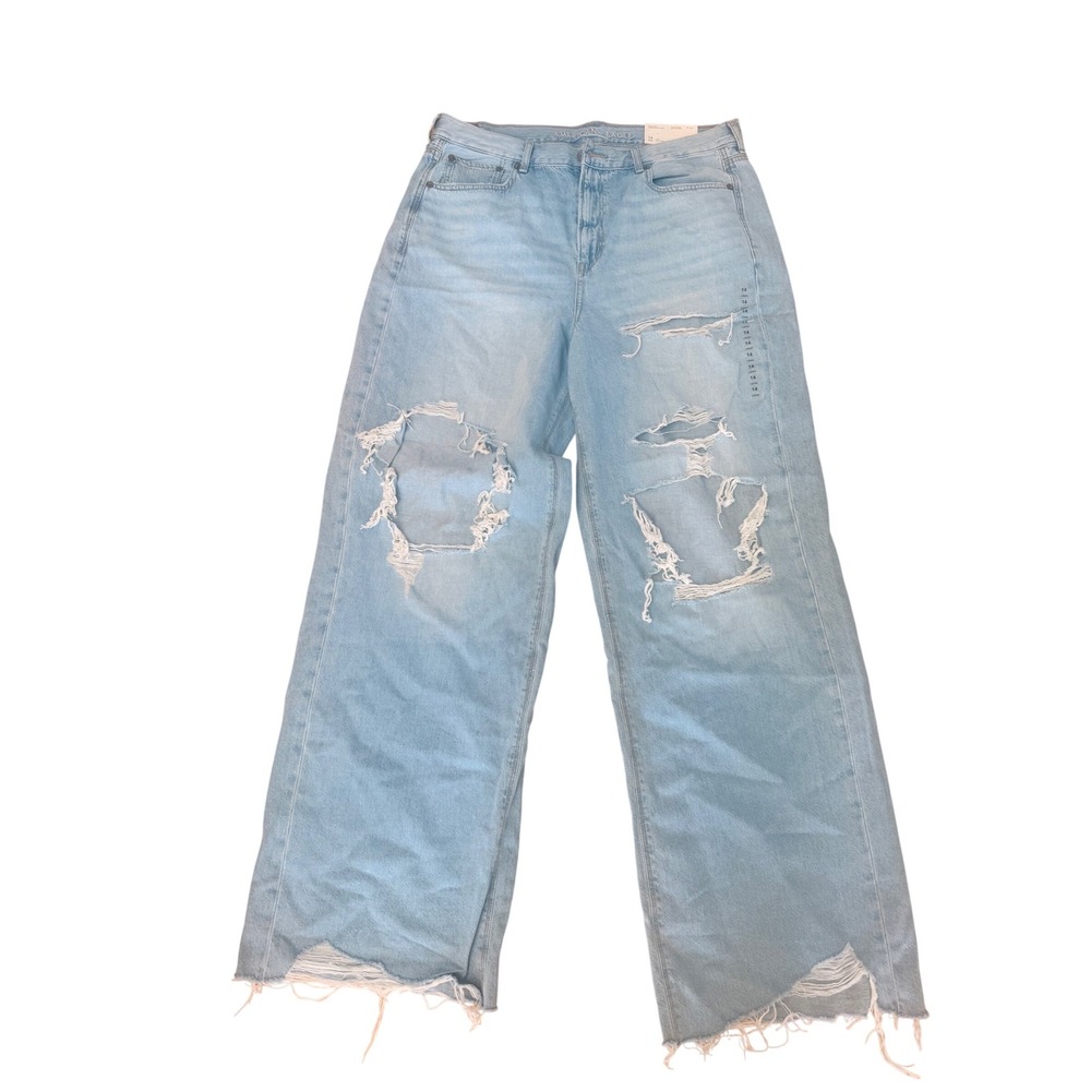 NWT American Eagle Skater Jean Destroyed Light Wash Wide Leg Denim 14 Long
